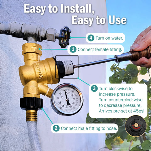 Renator RV water pressure regulator with gauge and hose fitting; brass, adjustable, lead-free for campers.