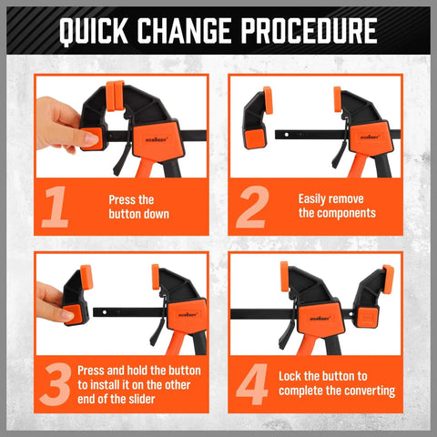 Instructional image showing quick change procedure for Two Pack 6 Inch Bar Clamps For Woodworking Ready To Grab And Go Quick Grip Release Heavy Duty F Clamp And Spreader Trigger Clamp With 150 Lbs Load Limit For Woodworking Carpentry And DIY Projects