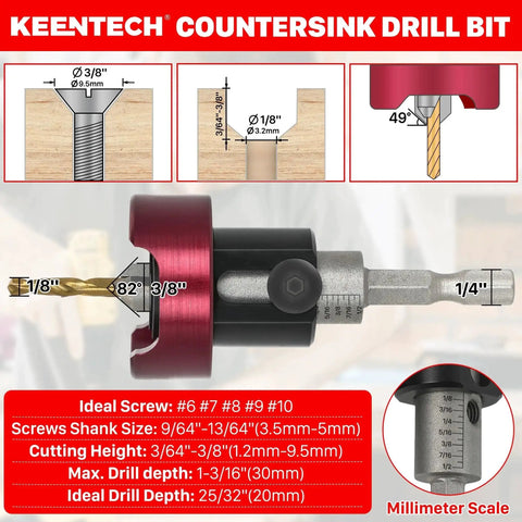 Carbide Tipped Countersink Drill Bit With Depth Stop 82 Degree 3/8 Inch Diameter, 1/8 Inch Drill Diameter, 1/4 Inch Shank