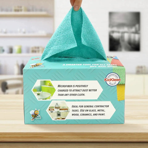 Person takes blue cloth from box labeled Ultra Soft Microfiber Cleaning Cloths 8 By 8 Inches 40 Pack Lint Free Rags In A Sturdy Box