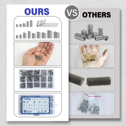 Comparison image showing Massive 1305 Piece Metric And SAE Set Screw Kit With Internal Hex Drive Headless Screws, Includes 10 Hex Wrenches And Tweezers, M3 To M8 And 1/8 To 5/16 Inch, 304 Stainless Steel next to competitors' kits, highlighting the quality and assortment of screws, hex wrenches, and detailed organization.