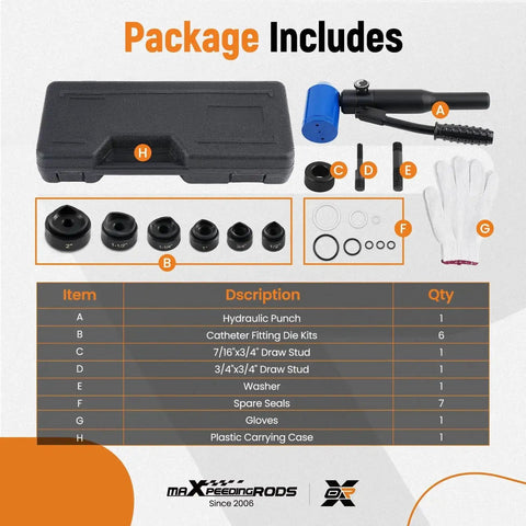 Beast 8-Ton Hydraulic Knockout Punch Kit package contents with dies, punch, gloves, seals, and carry case shown.