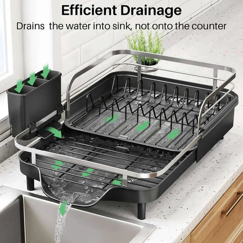 Expandable Dish Drying Rack For Kitchen Counter With Drainboard And Utensil Holder, Space Saving Stainless Steel Drainer
