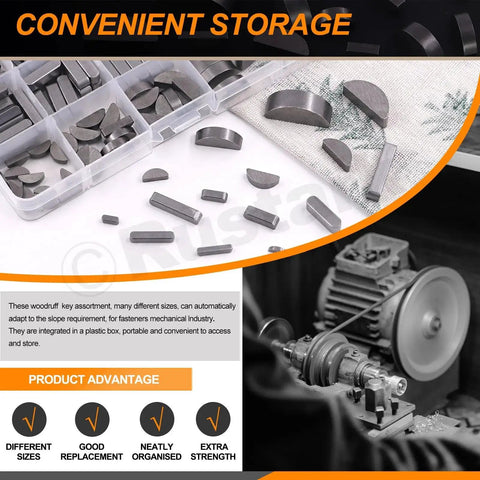 Pro Grade Industrial Key Stock And Woodruff Key Set with round-ended and half-moon keys in plastic organizer for storage and maintenance.