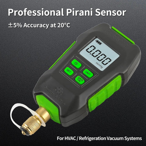Digital vacuum gauge for HVAC with 1/4 in SAE port, backlit LCD display and green control buttons