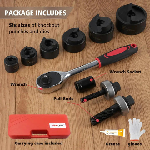 Ratchet Knockout Hole Punch Driver Kit Workhorse One Half To Two Inch Slug Buster KO Tool Set with tools and accessories