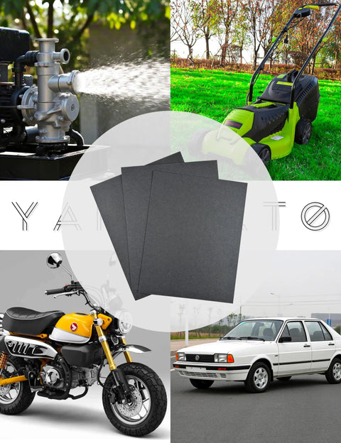 3pcs dark gray gasket paper sheets, non-asbestos, high-temp oil-resistant; DIY engine seals; shown with mower, motorcycle, car.