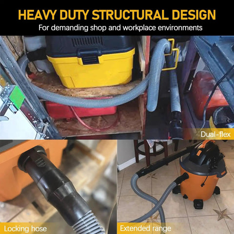 Upgrade 1-7/8 Inch By 7 Foot Wet Dry Vacuum Hose with universal inlet fit, POS-I-LOCK connection displayed in workshop setting.