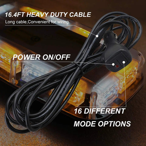 Close-up of roof-top LED strobe light bar with magnetic base and 16.4 ft cable; amber/white emergency LEDs for trucks.