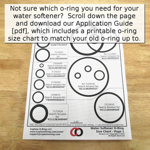 Printable o-ring size chart for matching water softener O Ring Seal Kit for Water Softeners 7112963 WS35X10001 instructions.