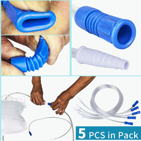 Five VWJ urinary drainage bag extension tubes, 36-inch clear tubing with blue connectors for urine bag drainage.