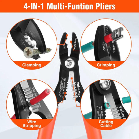 All In One Wire Stripper Tool For Clamping Stripping Cutting And Crimping Valuemax 4 In 1 Pliers For 10 To 20 AWG