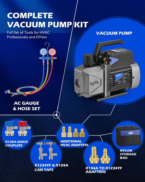Orion Motor Tech vacuum pump kit with 3.5 cfm sparkless pump, AC gauges, hoses, adapters and storage bag