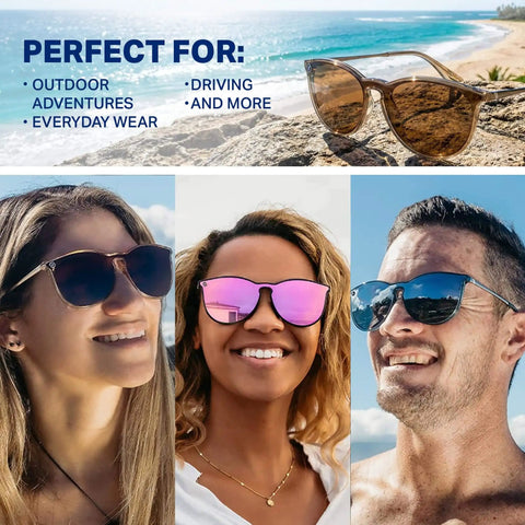 North Park X2 Polarized Sunglasses With Classic Shape And Mixed Metal Frame Gray Lenses Crystal Blue Frames Silver Temples 100 Percent UV Protection For Men Dope Edge displayed on beach and worn by diverse individuals for outdoor activities.