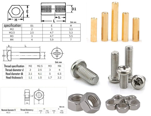 Image showing 290 Piece M2.5 Hex Brass Spacer Standoff Kit With Screws And Nuts For Motherboard And Electronics Copper Yellow And Stainless Steel Assortment 12 Sizes Including 6 10 15 20 25mm Plus 6mm Extension with specifications and components like brass spacers, screws, and nuts.
