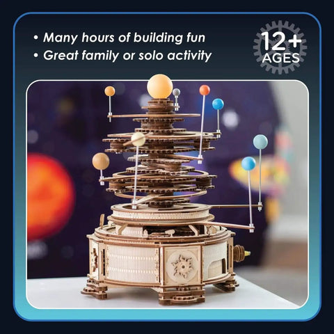 DIY Solar System Wood Puzzle Kit For Teens And Adults, 14 Inch Tall 3D Solar System Model, wooden orrery with LED moving planets