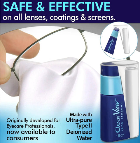 Portable Eyeglass Lens Cleaner Kit With Refillable Spray And Microfiber Cloth in use on eyeglasses