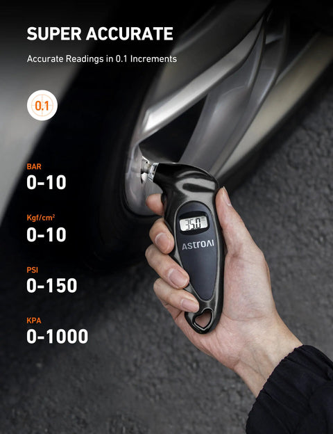 Digital Tire Pressure Gauge With Backlit LCD, Non Slip Grip, And Replaceable AAA Batteries For Cars Trucks And Bikes, 0-150 PSI showing readings in use.
