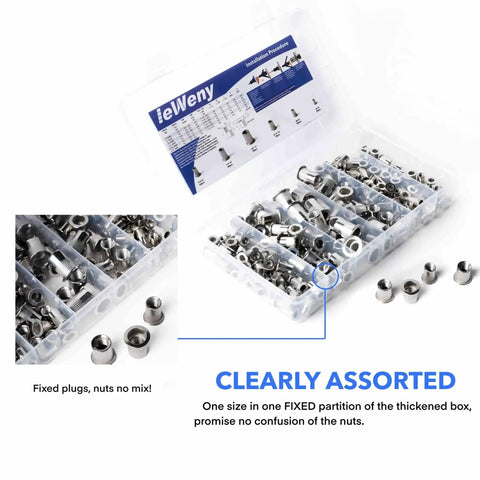 Pro Grade Stainless Steel Rivet Nut Assortment Kit for DIY enthusiasts, 216 SAE threaded rivnuts in clear organized case.