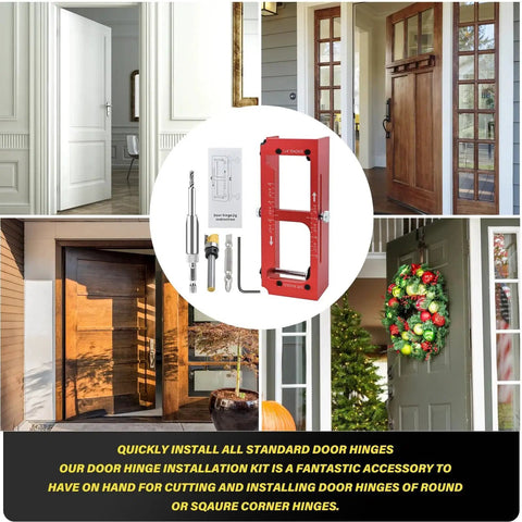 Aluminum Alloy Door Hinge Mortiser And Adjustable Jig For Hinge Installation from 2.5 Inch to 5 Inch, with accessories and doors shown.