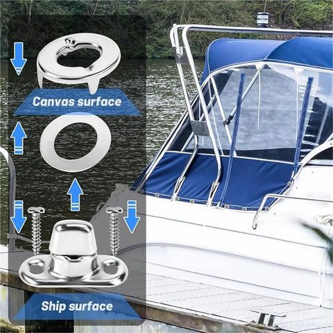 Front view of marine-grade twist lock fasteners kit with eyelets and stainless screws for boat canvas.