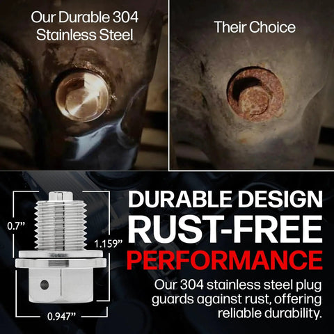 Comparison of rust-free vs. rusted plugs, highlighting Magnetic Engine Oil Drain Plug M14x1.5 With High Temperature Neodymium Magnet Stainless Steel Construction Made In USA Fits Acura Audi Chevrolet Chrysler Dodge Ford Honda Hyundai Jeep Kia And More Easy Install With Aluminum Crush Washer Included