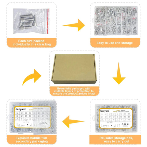 DIY Ready 890 Piece Metric Screw Set With M3 M4 M5 M6 Bolts, Nuts, Washers, 304 Stainless Steel Kit Packaged in Bubble Wrap and Storage Box