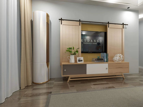 Living room showing a 6 Ft Mini Cabinet Barn Door Hardware Kit Sliding Double Door DIY Friendly Finish In Oil Rubbed Bronze For Cabinets