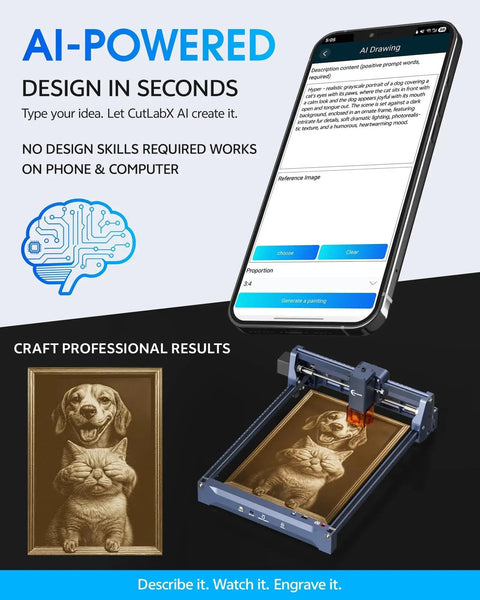 AI-powered phone app with laser engraver showing dog image. Powerful 10W Laser Engraver for Wood, Metal, Acrylic, Glass, Stone with Offline CNC Cutting Portable 7.9 by 11.8 Inch Engraving Bed Near A4 Ideal for DIY Projects, Home Hobbyists, and Small Shops Carverall K15 Pro Class 1