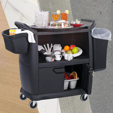 Utility cart with sections for cleaning supplies, food, and drinks showcasing Three Inch Swivel Stem Caster Set Of Four For Rubbermaid Mop Buckets And Utility Carts With Seven Sixteenth Inch Stem Diameter Heavy Duty TPR Wheels 150 Lb Per Caster 600 Lb Per Set Replacement Wheels For Shop Vac And Weber Grills.