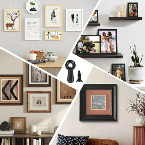 Collage of framed photos and decorative shelving with 100 Pack Metal Picture Frame Turn Buttons And Screws For Hanging Pictures Kit visible