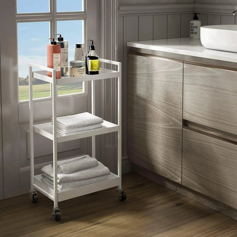 3-Tier Metal Utility Rolling Cart With Lockable Casters in bathroom setting, white 12.1 D x 17.7 W x 31.2 H rectangular industrial style