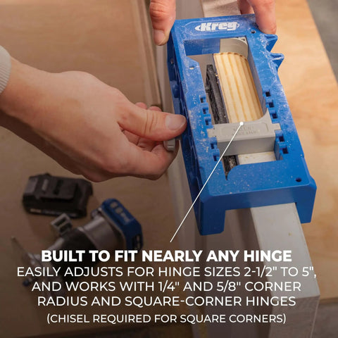 Adjustable Door Hinge Routing Jig With Depth Guide For Precise Mortises And Accurate Latch Routing, Ideal For Interior And Exterior Doors, Fits 2-1/2 To 5 Inch Hinges, GripMaxx Clamps For Steady, Professional Door Installations in use on a door edge.