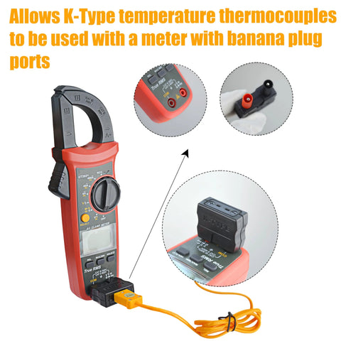 ZIBOO 69146 banana plug adapter for K-type thermocouples used with a red digital clamp meter and orange test leads