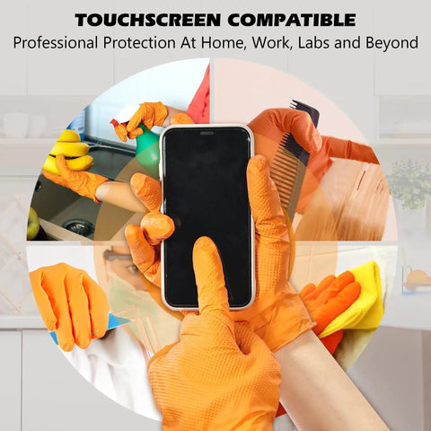 Industrial Nitrile Gloves Heavy Duty Diamond Textured Orange XL 100 Count used for various tasks including cleaning and phone usage.