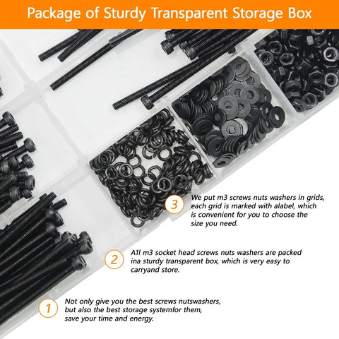461 Piece M3 Hex Socket Head Screws Kit With Nuts Washers Lock Washers 30mm 35mm 40mm 45mm 50mm 12.9 Grade Alloy Steel Fully Threaded For Furniture Kit in transparent storage box
