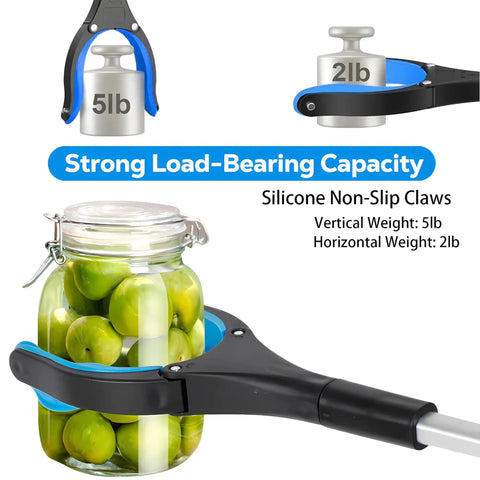 Heavy Duty Grabber Reacher Tool For Seniors 32 Inch Foldable Gripper With Easy Trigger Grip holding a jar and weights