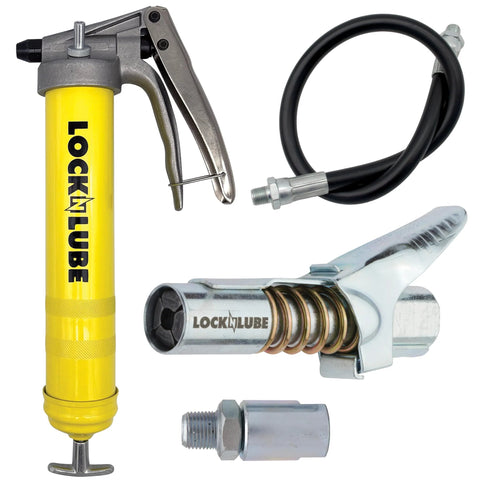 LockNLube Premium pistol-grip grease gun with yellow body, steel trigger, 20-inch hose, and LockNLube coupler.