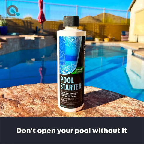 Pool Opening Starter Kit With Enzyme For Above Ground And Inground Pools, 32oz bottle on poolside against clear water