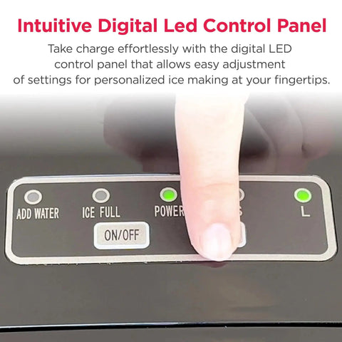 Close-up of digital control panel on Portable Ice Maker 26 Lbs Per Day Stainless Steel Countertop For Home Bar Kitchen.