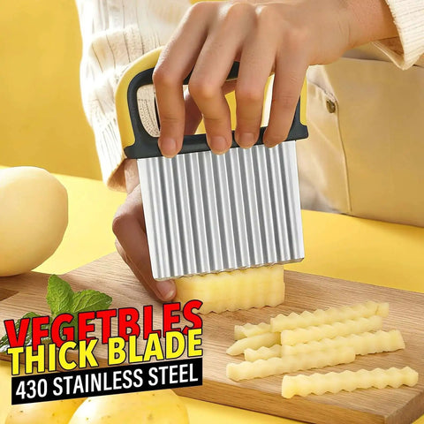 Person using Two Pack Crinkle Cutter Set For Potatoes And Veggies Safe Wavy Slicer With Blade Cover Stainless Steel Potato Cutter