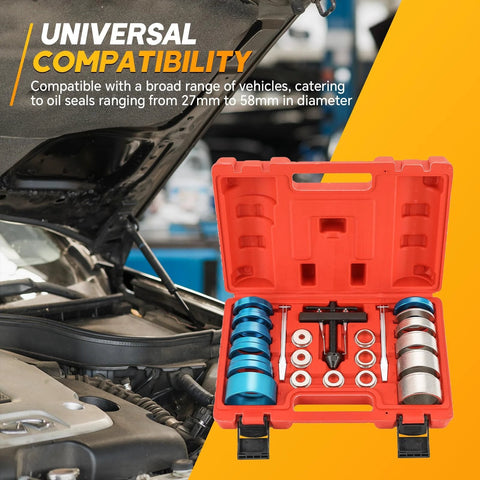 22 Piece Crankshaft Bearing And Camshaft Seal Remover And Installer Set Aluminum Tool Kit for automotive repair displayed open near engine.