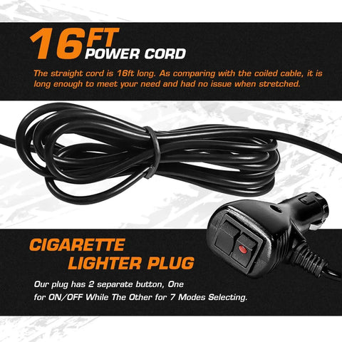 Cigarette lighter plug with a 16 ft black power cord, coiled for an automotive roof-top LED strobe light.