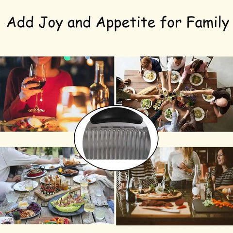 Collage of dining scenes with Crinkle Cutter For Veggies And Potatoes Stainless Steel Waffle Fry Cutter in center.