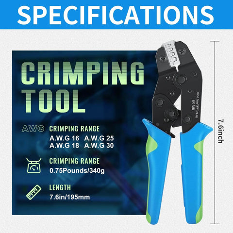 Close-up of a crimping tool with specifications for Six Piece Ratcheting Crimping Tool Set With Pro Grade Wire Crimper Jaws.