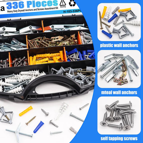 336 Piece Toggle Bolts Heavy Duty Drywall Anchors And Screws Assortment Kit with plastic and metal wall anchors in case