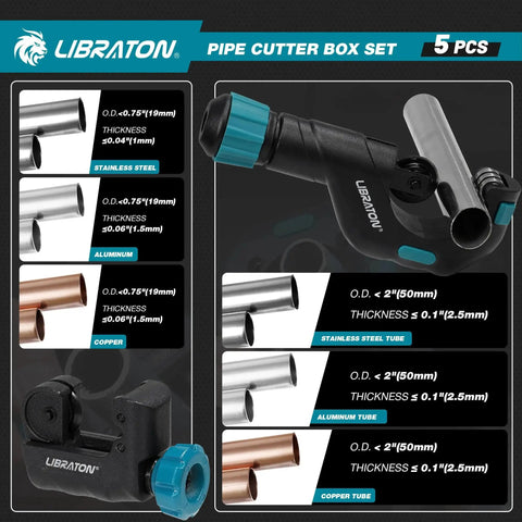Heavy Duty Pipe Cutter Set Pro Grade 5 Piece Tubing Tool Kit Including Copper Tube Cutter One Eighth To Two Inches PEX Cutter Deburring Tool Aluminum PVC Reamer In Sturdy Blow Mold Case