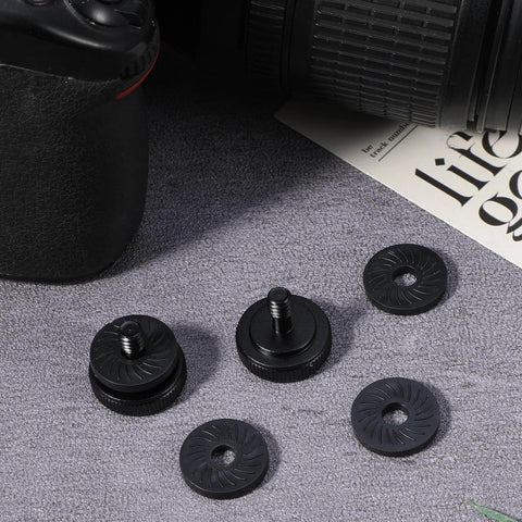 Two Pack Thumb Screw Camera Quick Release Adapter 1/4-20 Female To Male Thumbscrew with Rubber Pads and Anti Slip Washers on a gray surface.