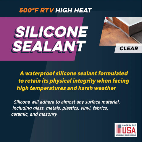 Silicone sealant, clear, 500°F RTV high-heat; USA-made for home use.