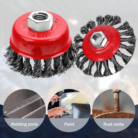 Three Pack Wire Wheel Brush Set For Angle Grinders With 0.02 Inch Carbon Steel 72A Twist Wire And Five Eighth Inch Arbor Includes Three Inch And Four Inch Wheels Up To 12500 RPM For Heavy Duty Cleaning By Mikilikien, showing wire brushes in use on metal surfaces.